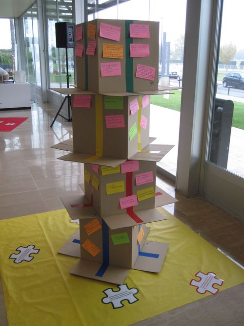 Four cardboard boxes in a pile with post-its stuck on all sides (world café results)