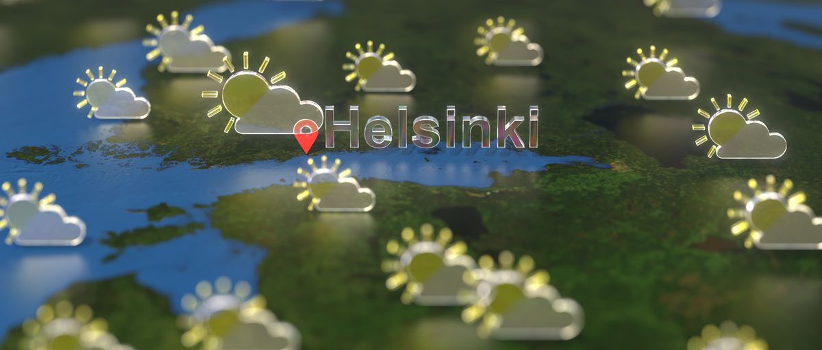 Weather forecast map of Finland with sun and clouds, with Helsinki marked up, 